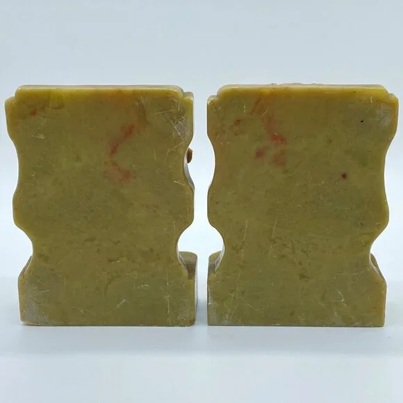 Vintage Pair of Hand-Carved Green Soapstone Bookends Phoenix Bird Lotus Flower - Picture 10 of 16